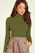 Women Olive Highneck Full Sleeves T-Shirt